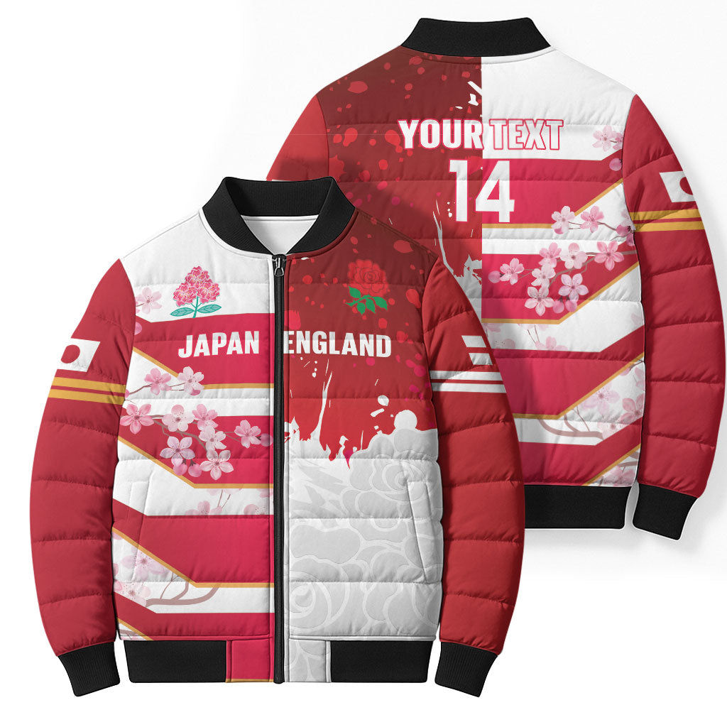 Japan and England Rugby Custom Bomber Puffer Jacket Brave Blossoms Red Roses Together