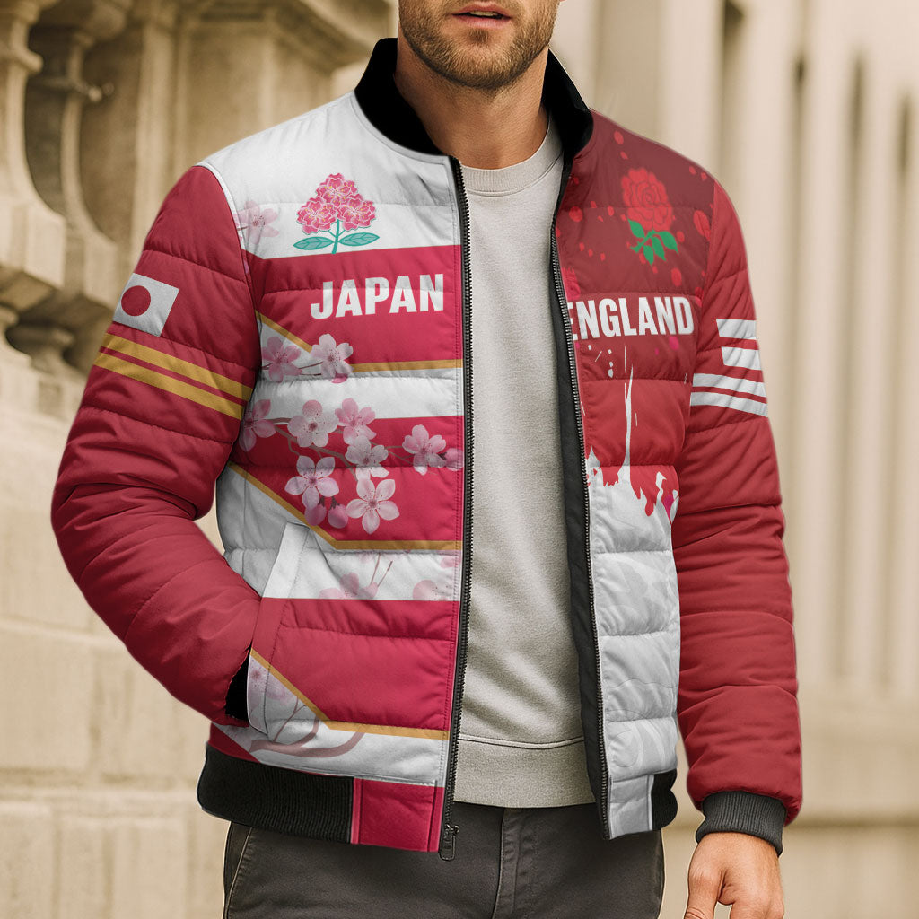 Japan and England Rugby Custom Bomber Puffer Jacket Brave Blossoms Red Roses Together