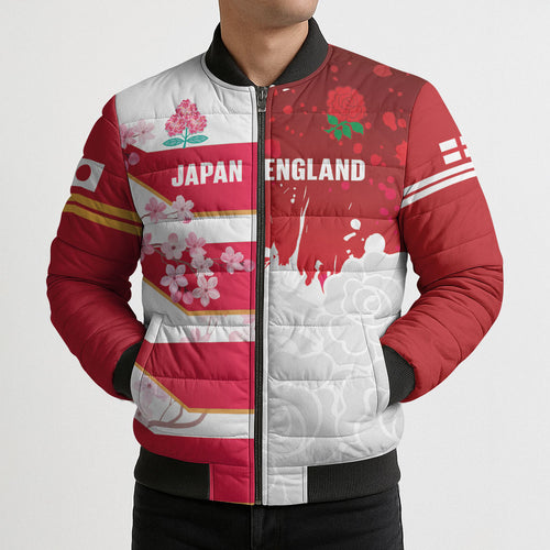 Japan and England Rugby Custom Bomber Puffer Jacket Brave Blossoms Red Roses Together
