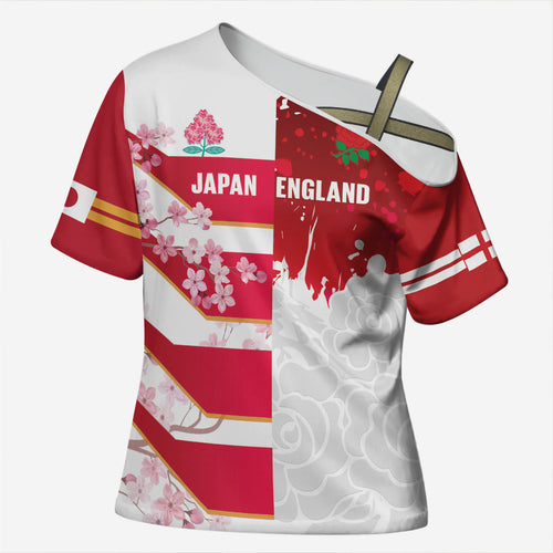 Japan and England Rugby Custom Cross Shoulder Shirt Brave Blossoms Red Roses Together