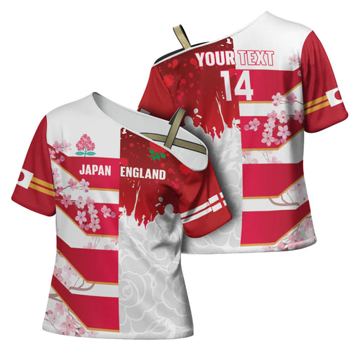 Japan and England Rugby Custom Cross Shoulder Shirt Brave Blossoms Red Roses Together