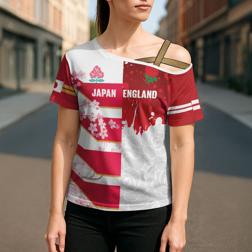 Japan and England Rugby Custom Cross Shoulder Shirt Brave Blossoms Red Roses Together