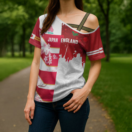 Japan and England Rugby Custom Cross Shoulder Shirt Brave Blossoms Red Roses Together