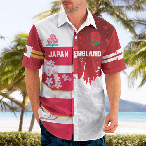 Japan and England Rugby Custom Hawaiian Shirt Brave Blossoms Red Roses Together