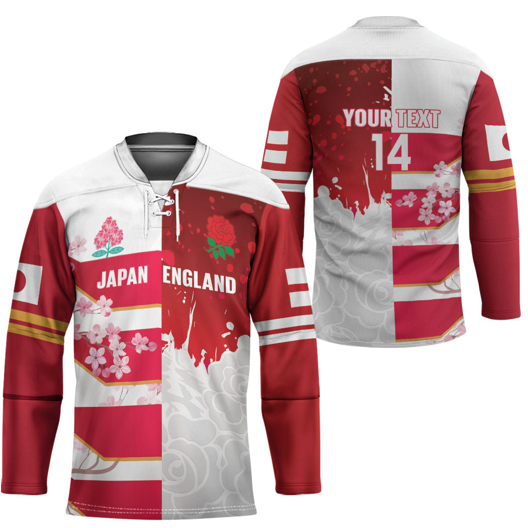 Japan and England Rugby Custom Hockey Jersey Brave Blossoms Red Roses Together