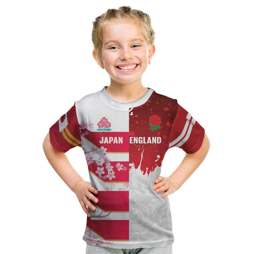 Japan and England Rugby Custom Kid T Shirt Brave Blossoms Red Roses Together