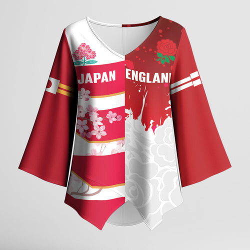 Japan and England Rugby Custom Kimono Sleeve Blouse Brave Blossoms Red Roses Together