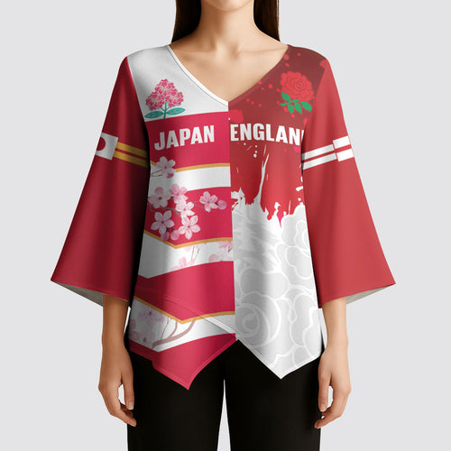 Japan and England Rugby Custom Kimono Sleeve Blouse Brave Blossoms Red Roses Together