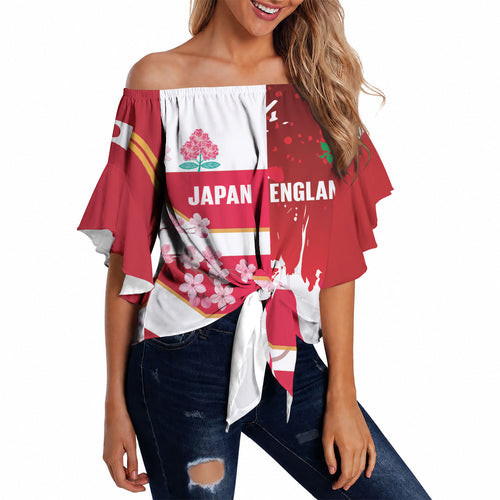 Japan and England Rugby Custom Off Shoulder Wrap Waist Top Brave Blossoms Red Roses Together