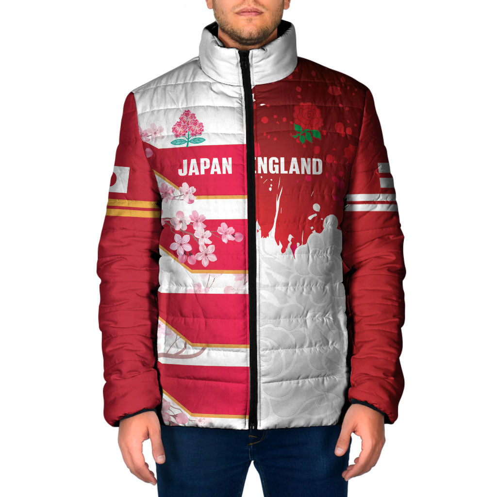 Japan and England Rugby Custom Padded Jacket Brave Blossoms Red Roses Together