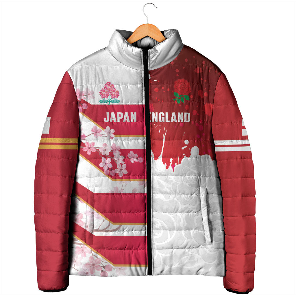 Japan and England Rugby Custom Padded Jacket Brave Blossoms Red Roses Together