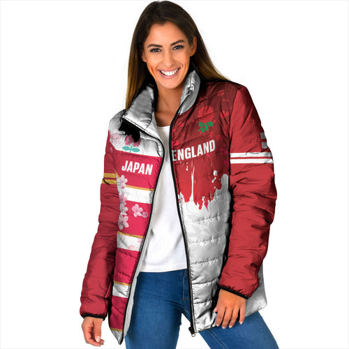 Japan and England Rugby Custom Padded Jacket Brave Blossoms Red Roses Together