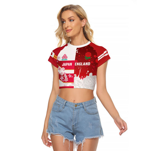 Japan and England Rugby Custom Raglan Cropped T Shirt Brave Blossoms Red Roses Together