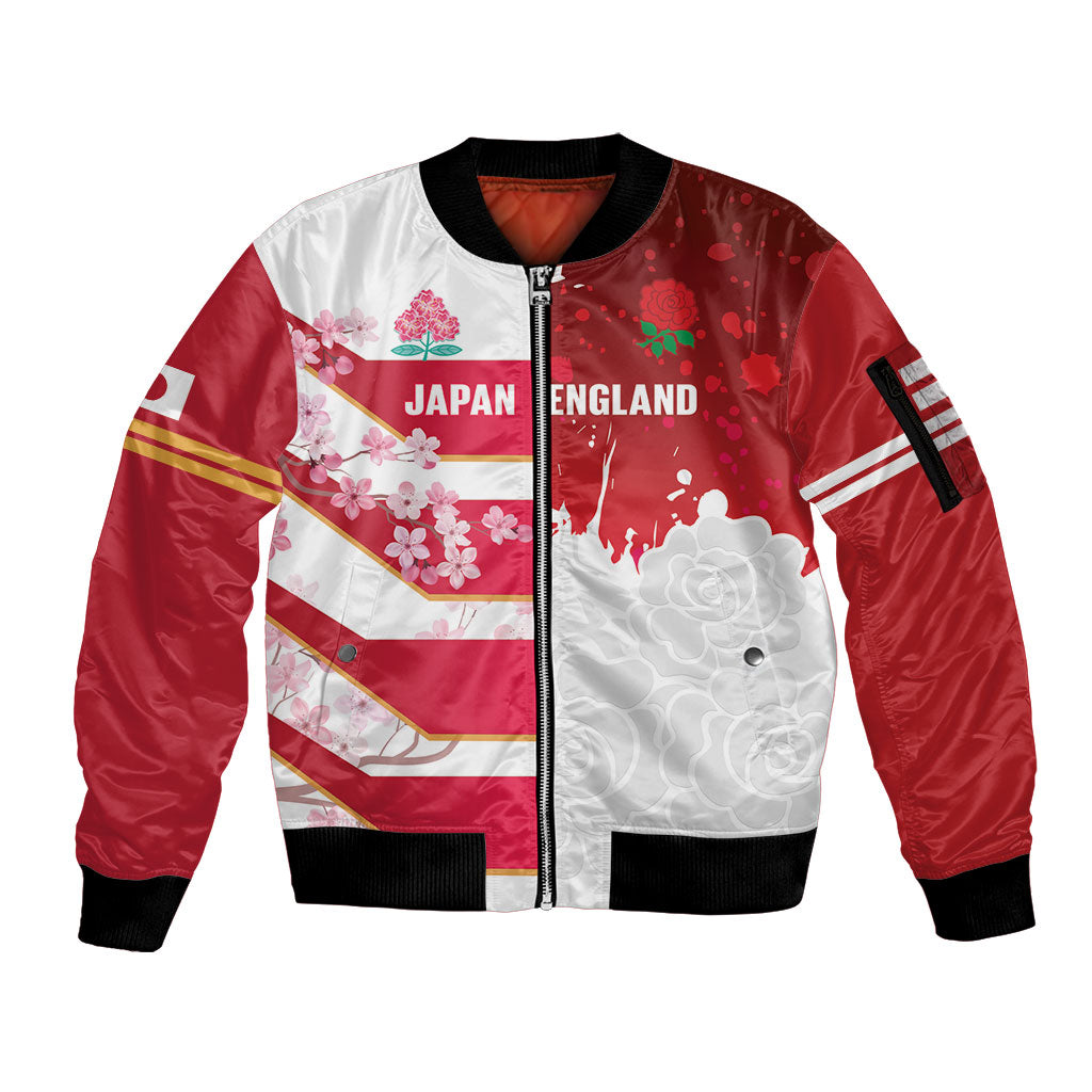 Japan and England Rugby Custom Sleeve Zip Bomber Jacket Brave Blossoms Red Roses Together