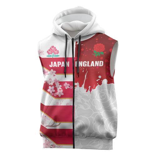 Japan and England Rugby Custom Sleeveless Zip Hoodie Brave Blossoms Red Roses Together