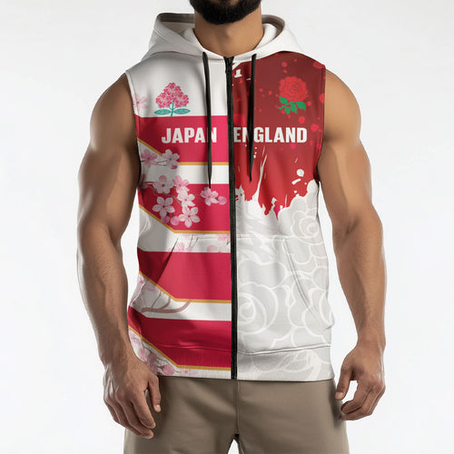 Japan and England Rugby Custom Sleeveless Zip Hoodie Brave Blossoms Red Roses Together