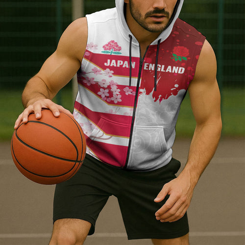 Japan and England Rugby Custom Sleeveless Zip Hoodie Brave Blossoms Red Roses Together