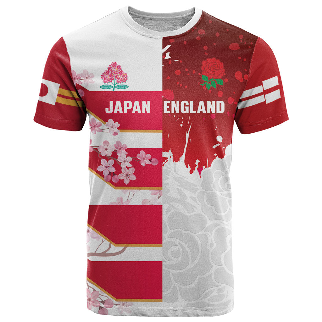 Japan and England Rugby Custom T Shirt Brave Blossoms Red Roses Together
