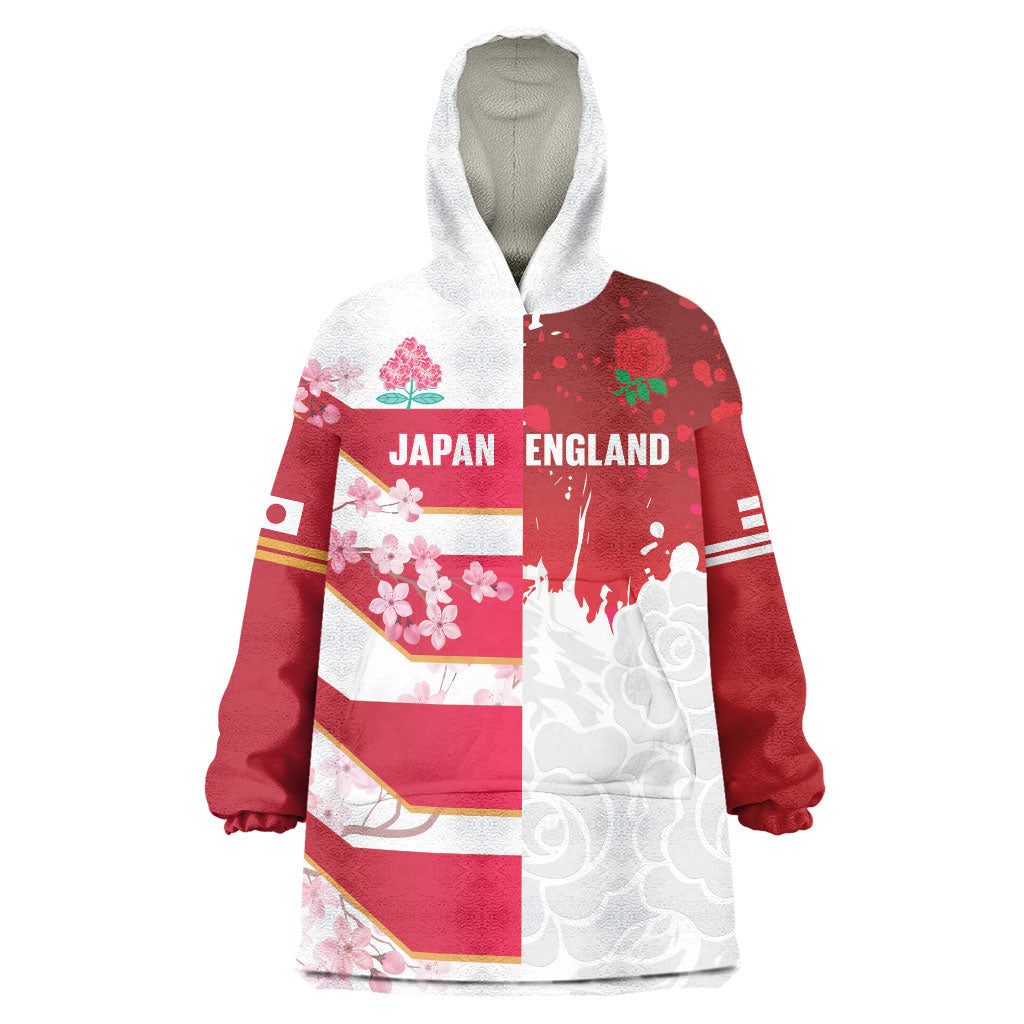Japan and England Rugby Custom Wearable Blanket Hoodie Brave Blossoms Red Roses Together