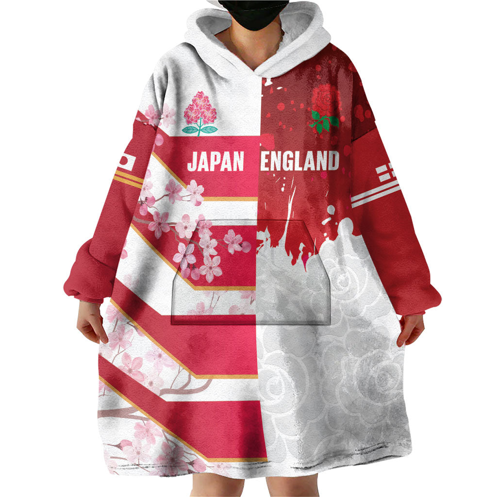 Japan and England Rugby Custom Wearable Blanket Hoodie Brave Blossoms Red Roses Together