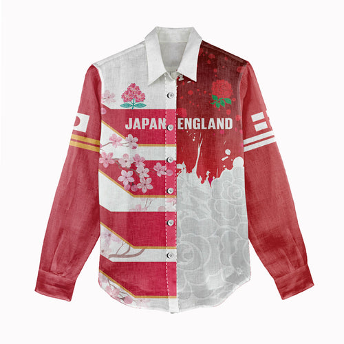 Japan and England Rugby Custom Women Casual Shirt Brave Blossoms Red Roses Together