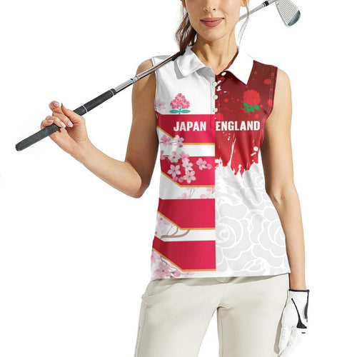 Japan and England Rugby Custom Women Sleeveless Polo Shirt Brave Blossoms Red Roses Together
