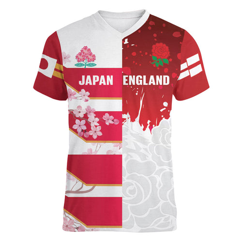 Japan and England Rugby Custom Women V-Neck T-Shirt Brave Blossoms Red Roses Together