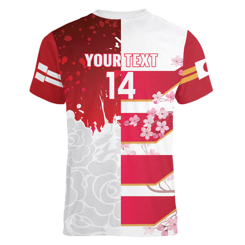 Japan and England Rugby Custom Women V-Neck T-Shirt Brave Blossoms Red Roses Together