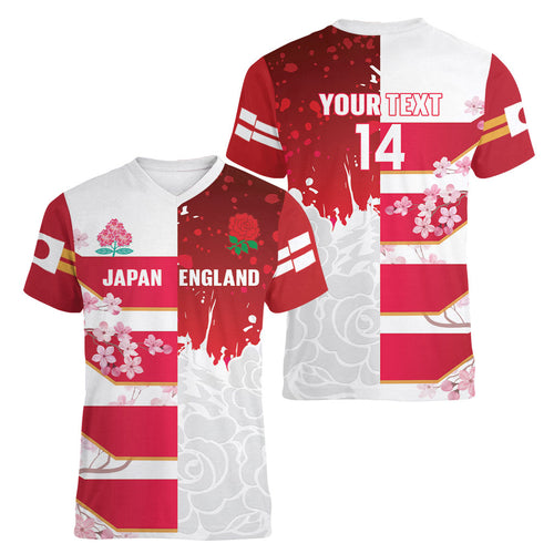 Japan and England Rugby Custom Women V-Neck T-Shirt Brave Blossoms Red Roses Together