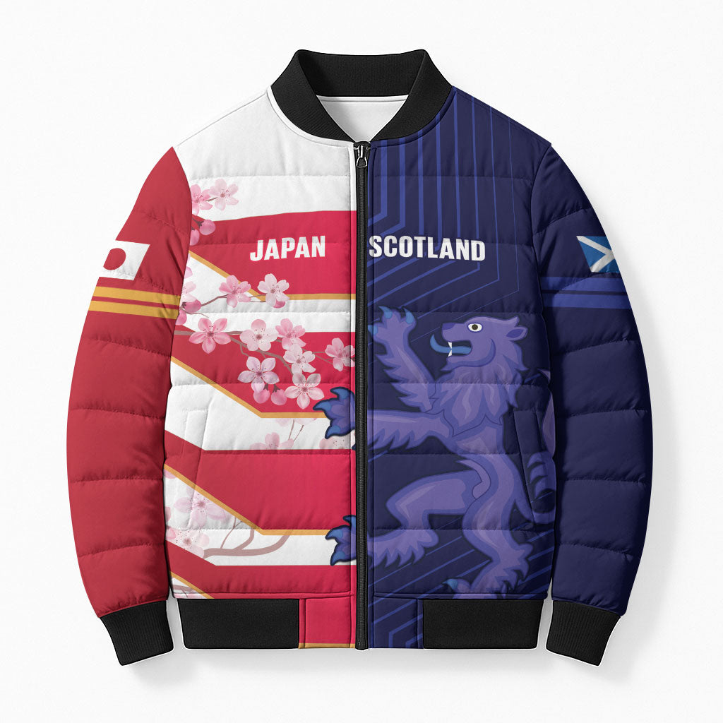 Japan and Scotland Rugby Custom Bomber Puffer Jacket Brave Blossoms Scottish Thistle Together