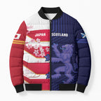 Japan and Scotland Rugby Custom Bomber Puffer Jacket Brave Blossoms Scottish Thistle Together