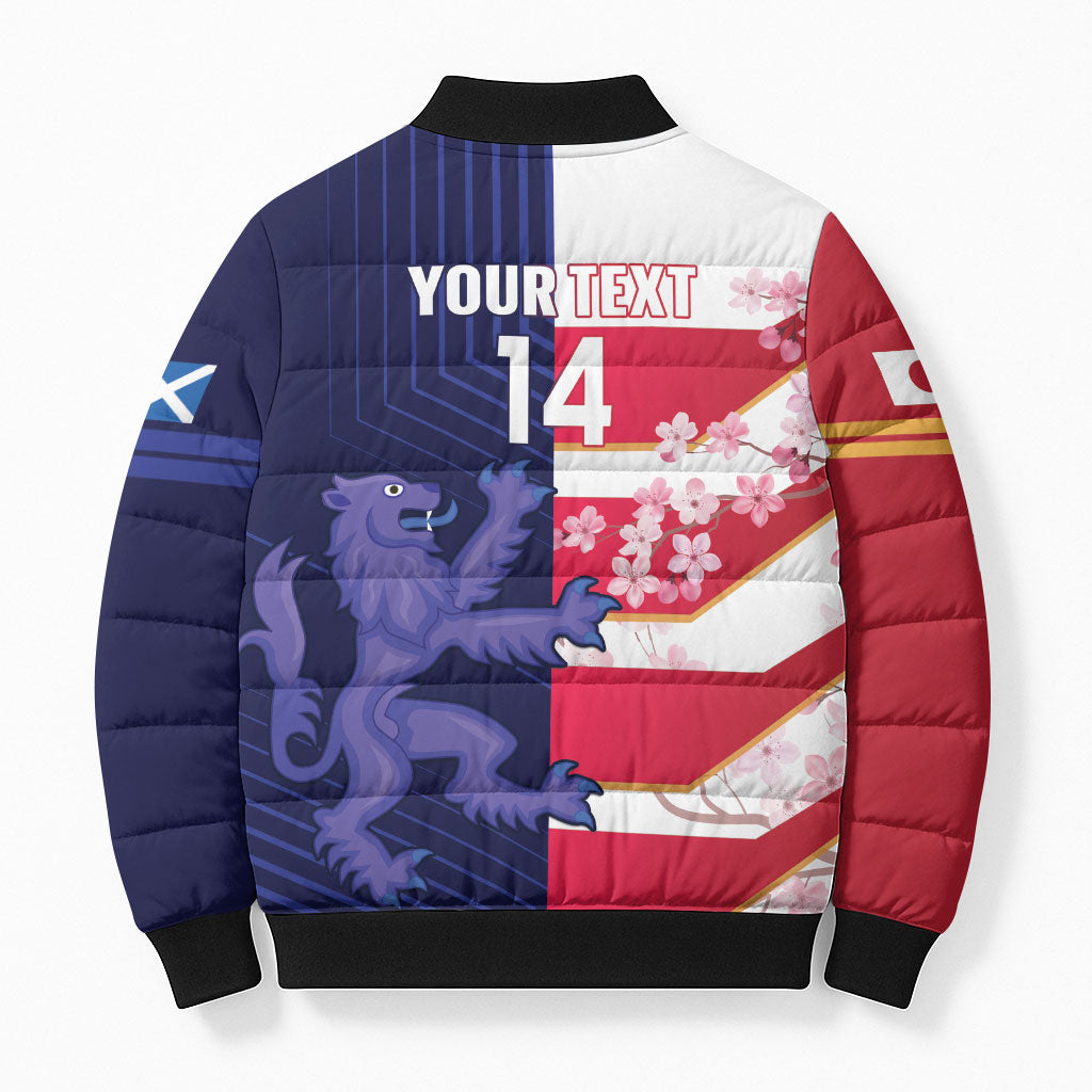 Japan and Scotland Rugby Custom Bomber Puffer Jacket Brave Blossoms Scottish Thistle Together