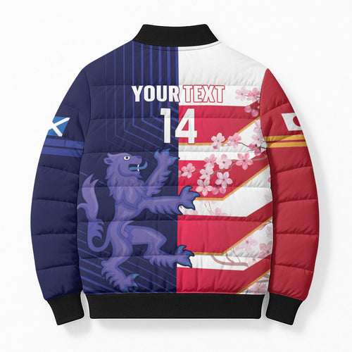 Japan and Scotland Rugby Custom Bomber Puffer Jacket Brave Blossoms Scottish Thistle Together