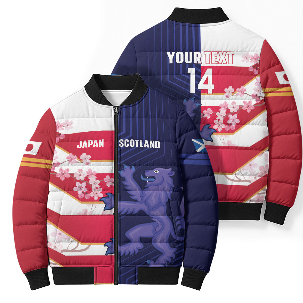 Japan and Scotland Rugby Custom Bomber Puffer Jacket Brave Blossoms Scottish Thistle Together