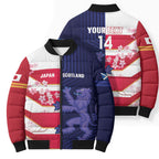 Japan and Scotland Rugby Custom Bomber Puffer Jacket Brave Blossoms Scottish Thistle Together