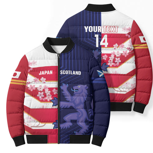 Japan and Scotland Rugby Custom Bomber Puffer Jacket Brave Blossoms Scottish Thistle Together
