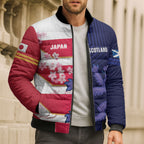 Japan and Scotland Rugby Custom Bomber Puffer Jacket Brave Blossoms Scottish Thistle Together