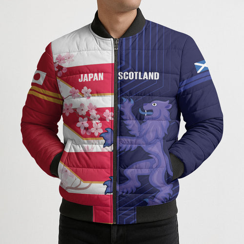 Japan and Scotland Rugby Custom Bomber Puffer Jacket Brave Blossoms Scottish Thistle Together