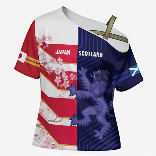 Japan and Scotland Rugby Custom Cross Shoulder Shirt Brave Blossoms Scottish Thistle Together