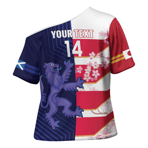 Japan and Scotland Rugby Custom Cross Shoulder Shirt Brave Blossoms Scottish Thistle Together