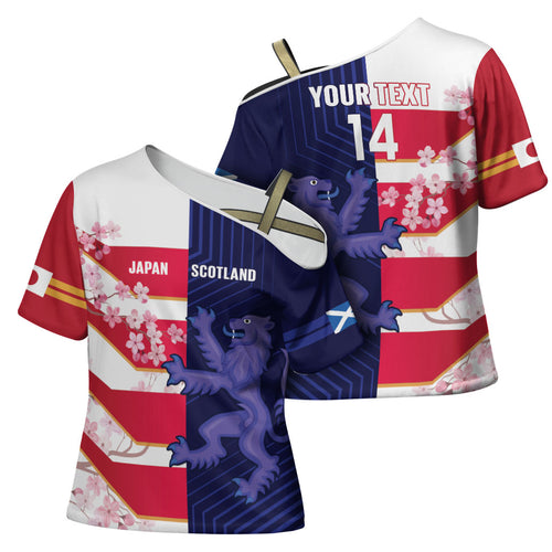 Japan and Scotland Rugby Custom Cross Shoulder Shirt Brave Blossoms Scottish Thistle Together