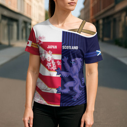 Japan and Scotland Rugby Custom Cross Shoulder Shirt Brave Blossoms Scottish Thistle Together