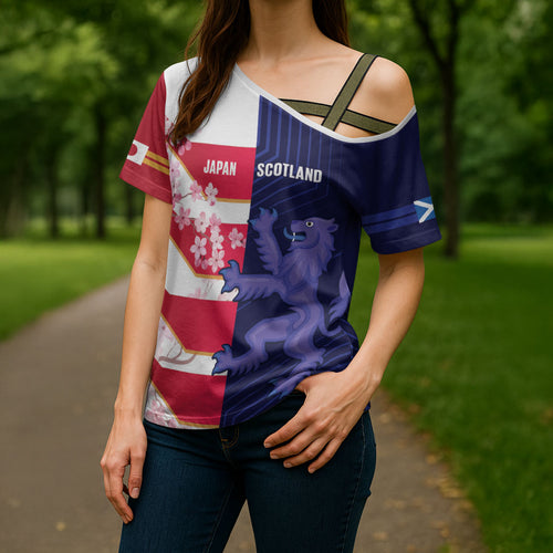 Japan and Scotland Rugby Custom Cross Shoulder Shirt Brave Blossoms Scottish Thistle Together