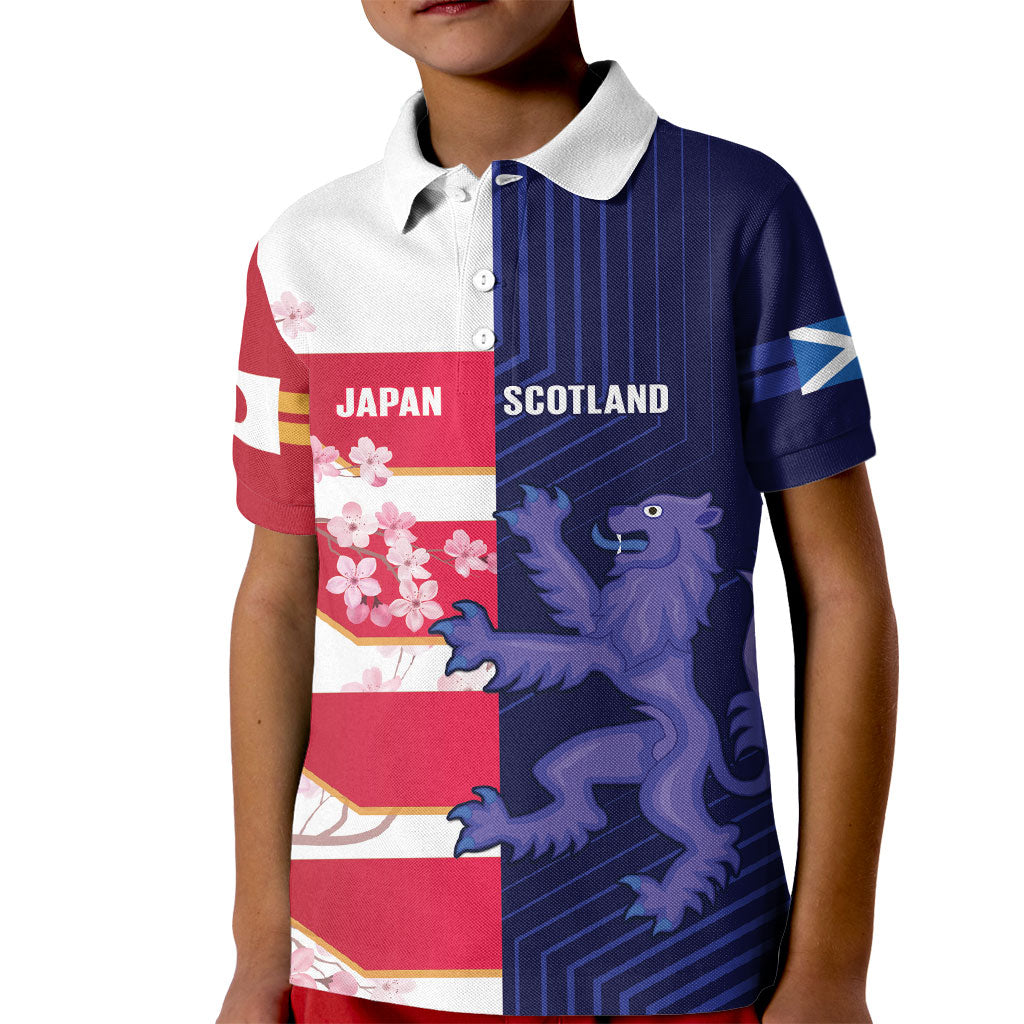 Japan and Scotland Rugby Custom Kid Polo Shirt Brave Blossoms Scottish Thistle Together