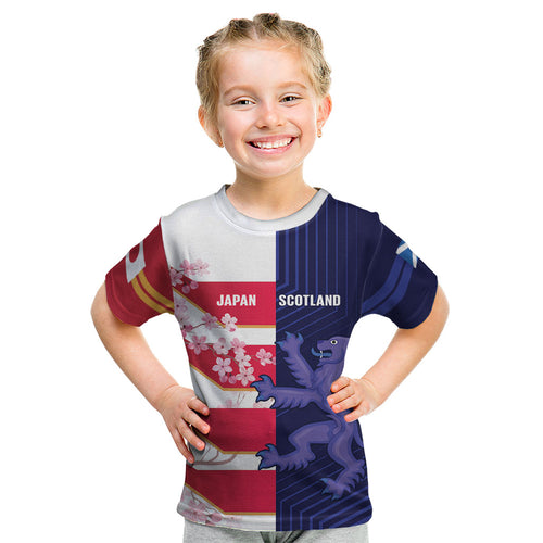 Japan and Scotland Rugby Custom Kid T Shirt Brave Blossoms Scottish Thistle Together