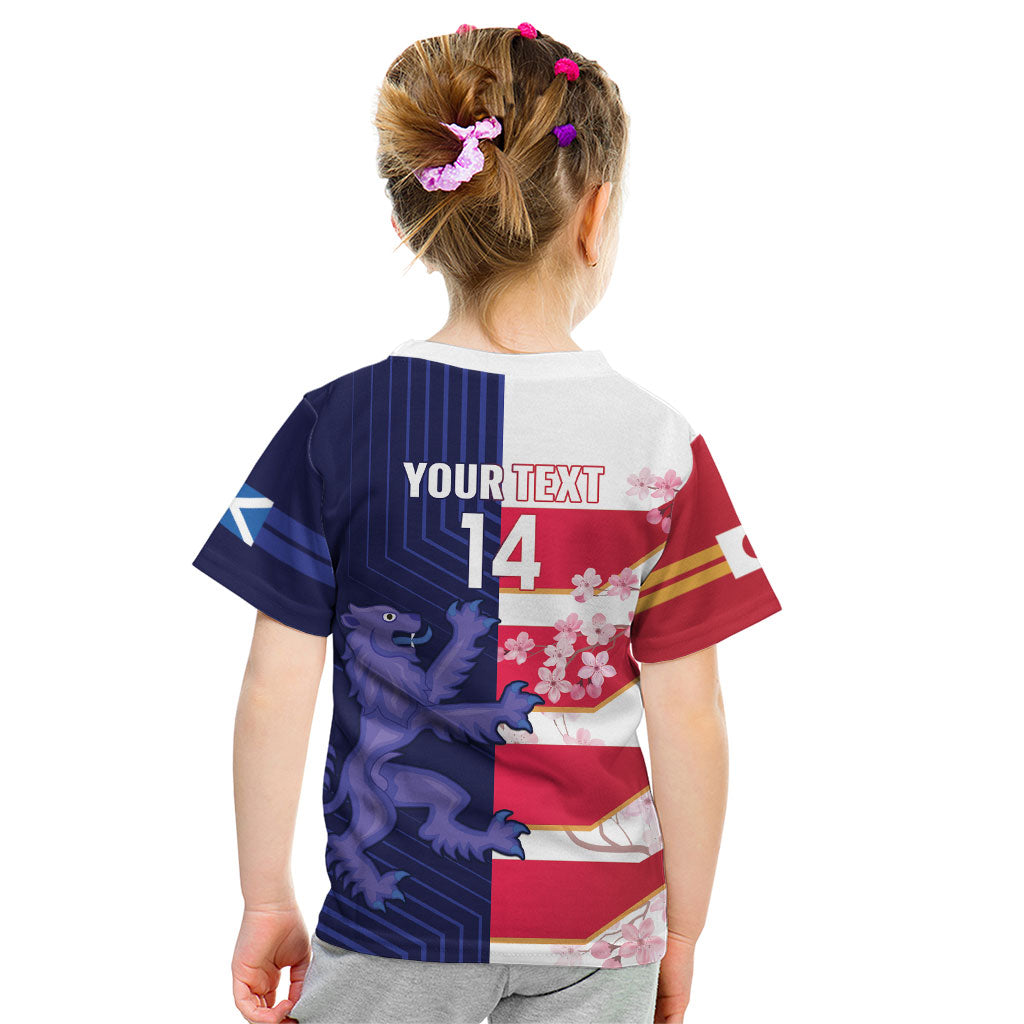 Japan and Scotland Rugby Custom Kid T Shirt Brave Blossoms Scottish Thistle Together
