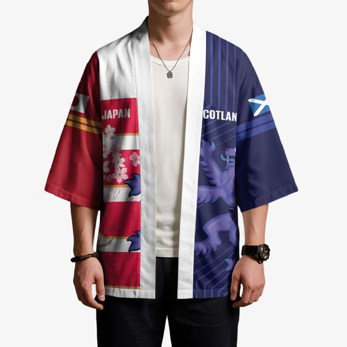 Japan and Scotland Rugby Custom Kimono Brave Blossoms Scottish Thistle Together