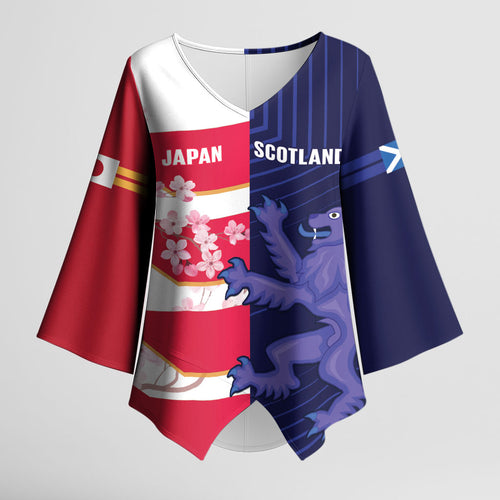 Japan and Scotland Rugby Custom Kimono Sleeve Blouse Brave Blossoms Scottish Thistle Together