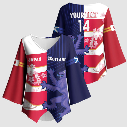 Japan and Scotland Rugby Custom Kimono Sleeve Blouse Brave Blossoms Scottish Thistle Together
