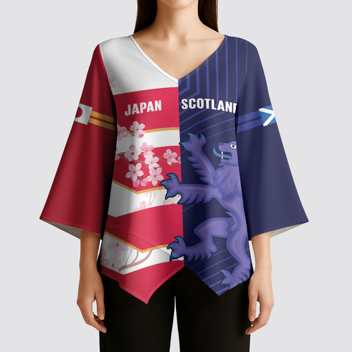 Japan and Scotland Rugby Custom Kimono Sleeve Blouse Brave Blossoms Scottish Thistle Together